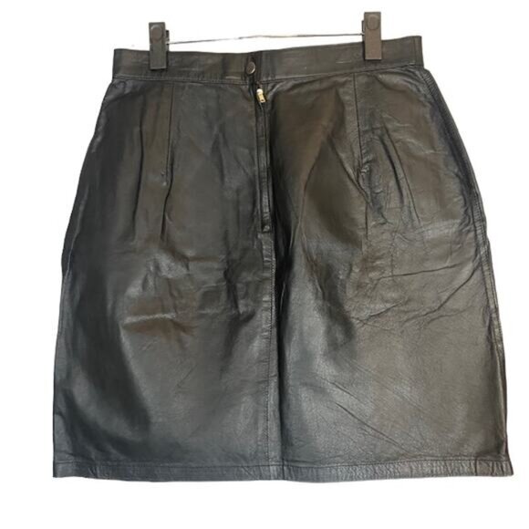 Unique Black Genuine Leather Pencil Straight Flirty Skirt Women Sz 14 VTG - Picture 3 of 6